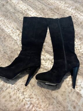 Black Suede High-Heel Knee Boots with Side Zip